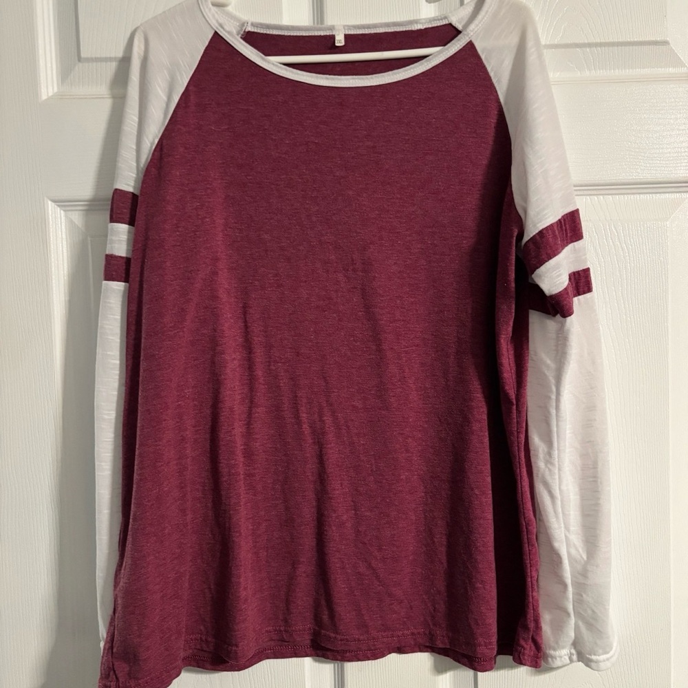 SHEIN Burgundy and White Long Sleeve Raglan Tee
